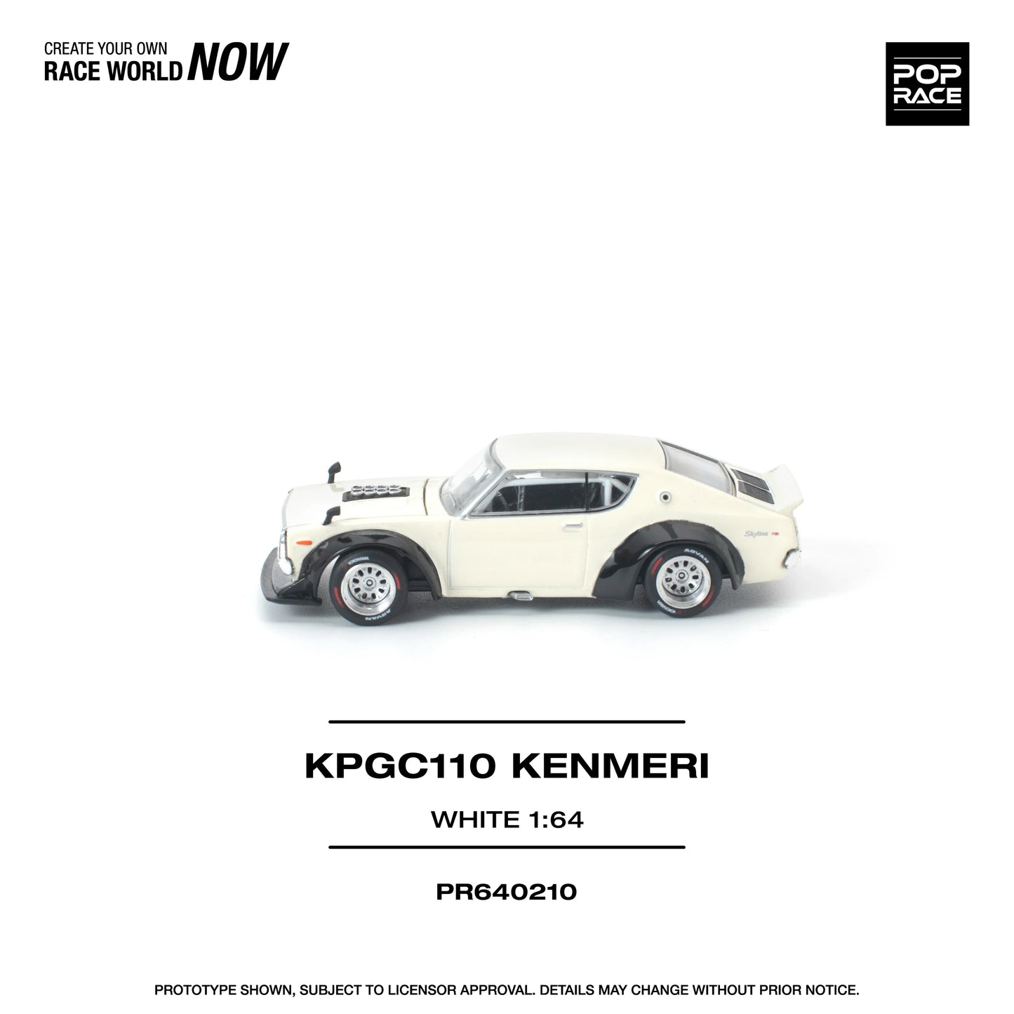 POPRACE Nissan Skyline KPGC110 Kenmeri White 1:64 Scale Diecast Model (Pre-Order)