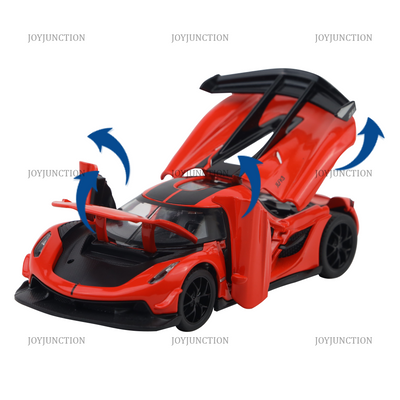 Koenigsegg Jesko Pullback Toy Car - Light, Sound with Openable Doors, 1:32 Scale (Red)