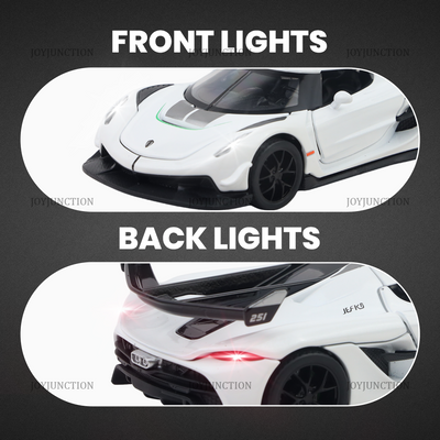 Koenigsegg Jesko Pullback Toy Car - Light, Sound with Openable Doors, 1:32 Scale (White)
