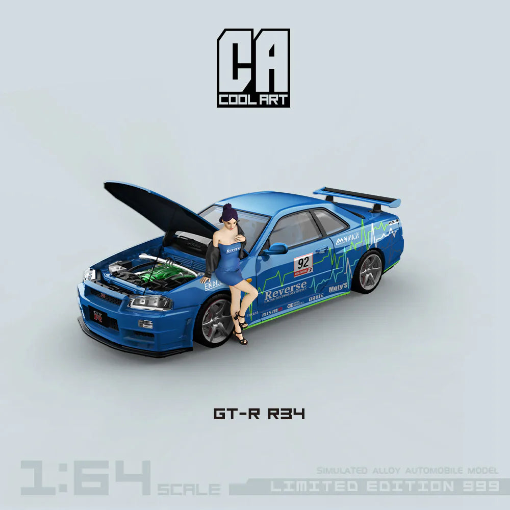 PRE-ORDER CoolArt Nissan Skyline GT-R R34 Open Cover Blue No.92 Figure Edition Limited 999pcs 1:64 Scale Diecast Model