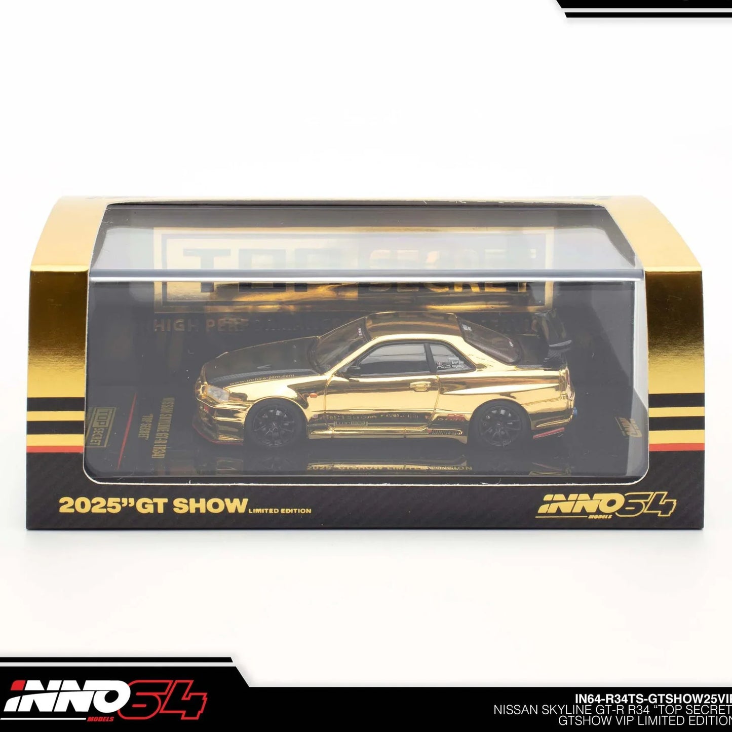 INNO64 Nissan Skyline GT-R R34 Top Secret GTSHOW 2025 VIP Event Edition 1:64 Scale Diecast Model (Gold)