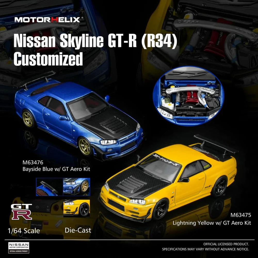 PRE-ORDER MOTOR HELIX Nissan Skyline GT-R R34 Customized GT Aero Kit Lightning Yellow 1:64 Scale Diecast Model