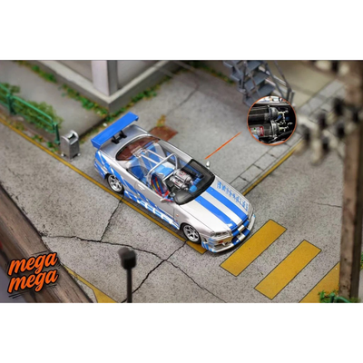 *PRE-ORDER* Nissan Skyline GT-R R34 Silver Blue Livery, 1:64 Scale - Mega Mega