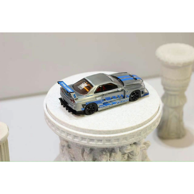 *PRE-ORDER* Nissan Skyline R34,ER34 Super Silhouette (Open-Hood, Visible Engine) Raw Silver-Blue, 1:64 Scale - Nitro Blaze