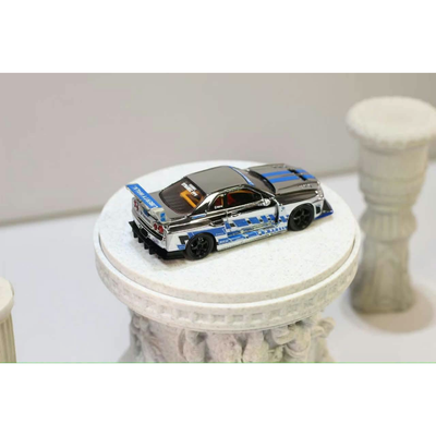 *PRE-ORDER* Nissan Skyline R34,ER34 Super Silhouette (Open-Hood, Visible Engine) Chrome Silver-Blue, 1:64 Scale - Nitro Blaze