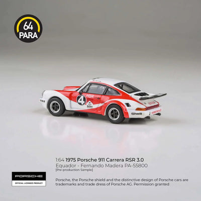 *PRE-ORDER* Porsche 911 Carrera RSR 3.0 Equador - Fernando Madera 1976, 1:64 Scale (White & Red) - PARA64