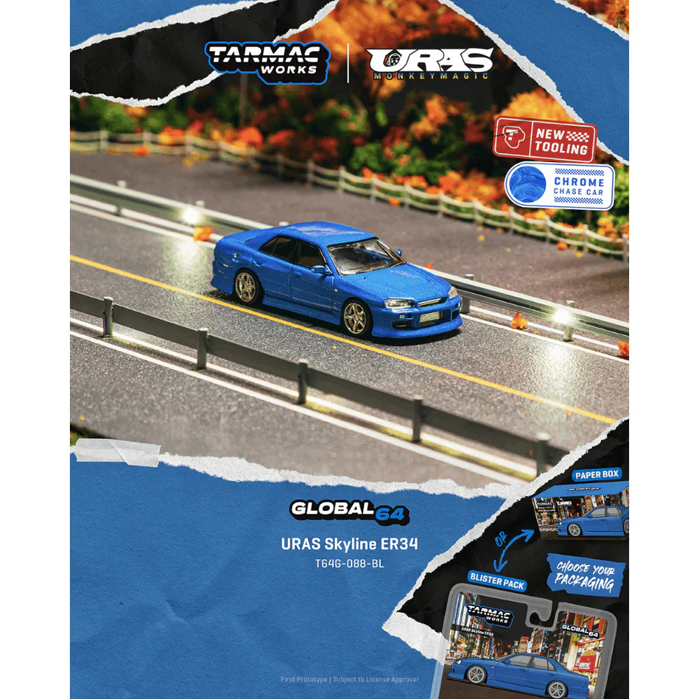 PRE-ORDER | URAS Skyline ER34 (Chance of Chase Car) 1:64 Scale (Blue) by Tarmac Works