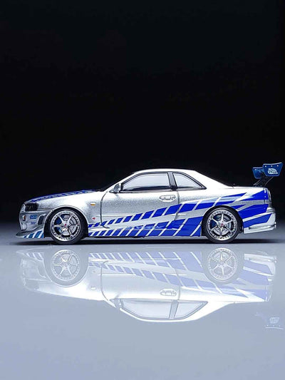 Nissan GTR R34 (Limited to 999pcs) Silver with Blue Lines, 1:64 Scale