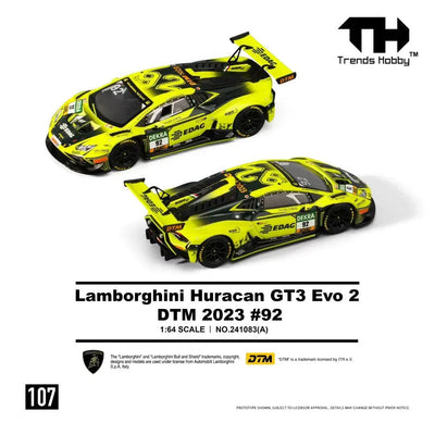 *PRE-ORDER* Lamborghini Huracan GT3 Evo 2-DTM 2023 #92, 1:64 Scale (Fluorescent Green)
