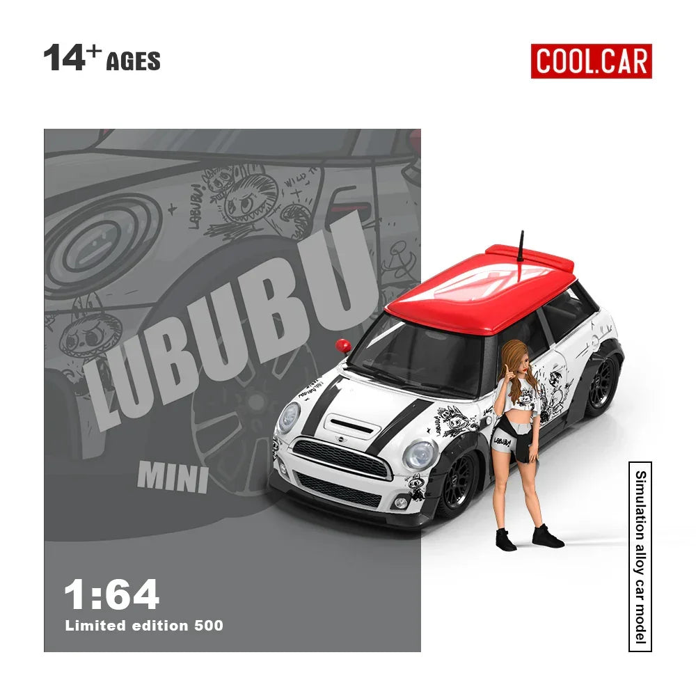 1:64 scale BMW Mini Cooper diecast model with collector figure