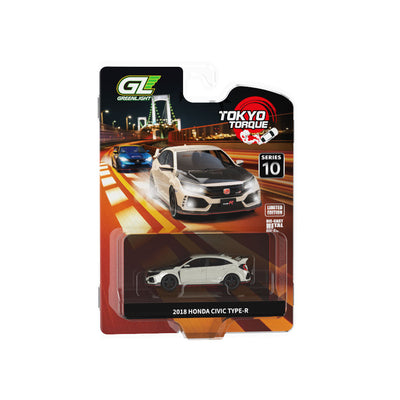 Tokyo Torque Series 10 - 2018 Honda Civic Type-R (FK8) with Custom Wheels and Carbon Hood - Championship White (New Tooling), 1:64 Scale by GreenLight - 1:64 scale, view 1
