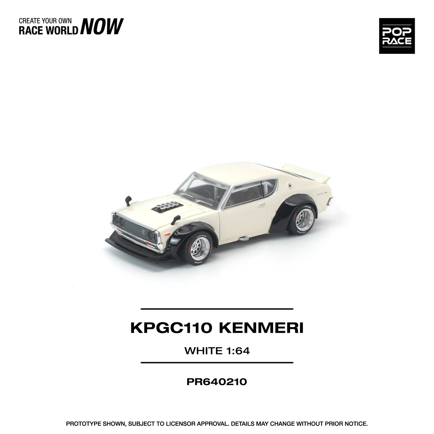 POPRACE Nissan Skyline KPGC110 Kenmeri White 1:64 Scale Diecast Model (Pre-Order)
