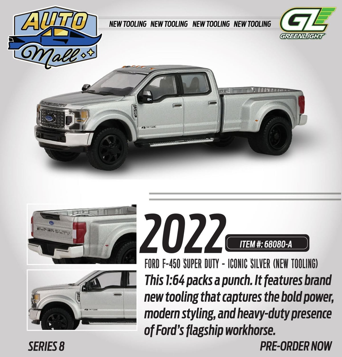 Auto Mall Series 8 - 2022 Ford F-450 Super Duty, 1:64 Scale (Iconic Silver) by GreenLight - 1:64 scale, view 2