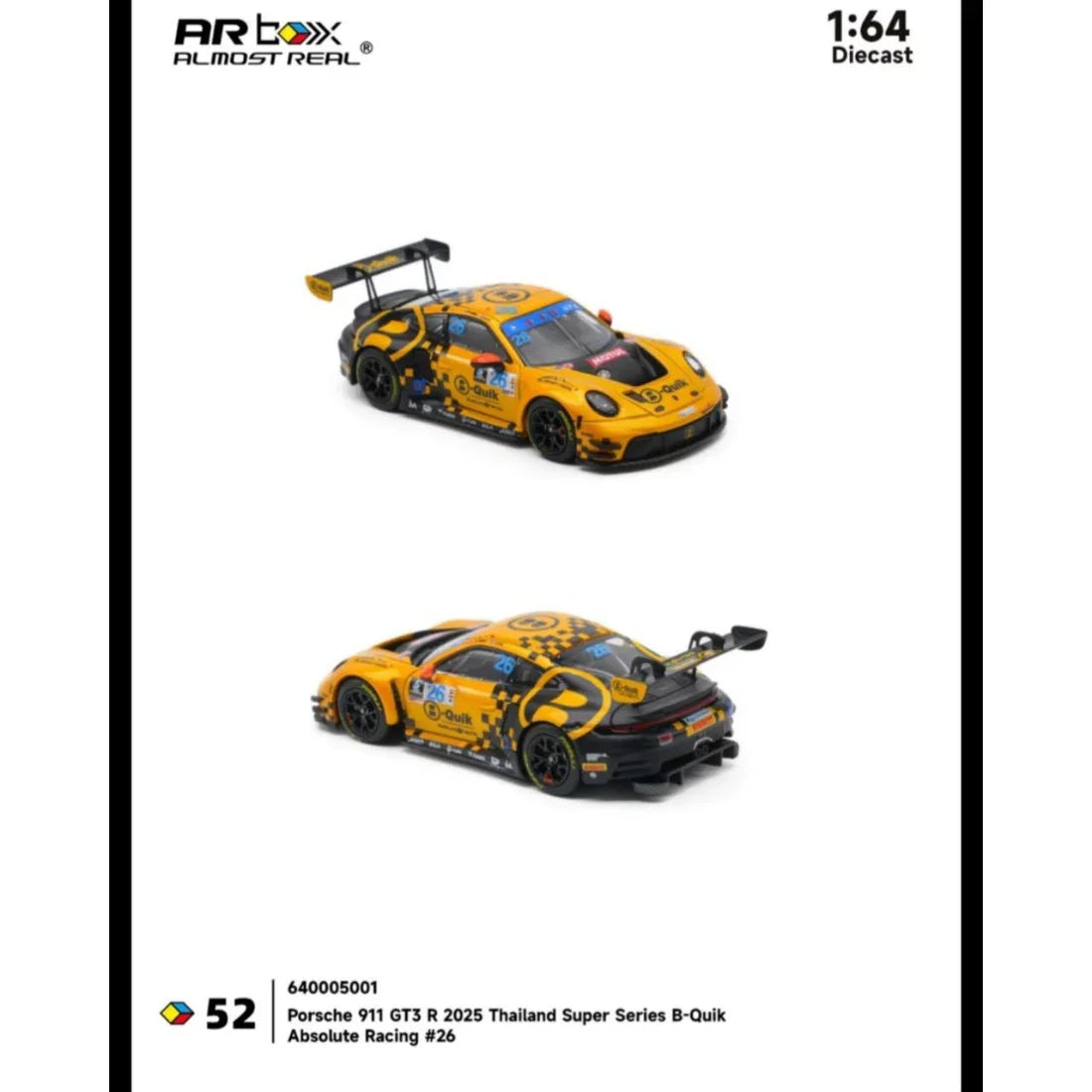 *TDE 2026* Porsche 911 GT3 R 2025 Thailand Super Series B-Quik Absolute Racing #26 Livery (Chance of Chase Car), 1:64 Scale