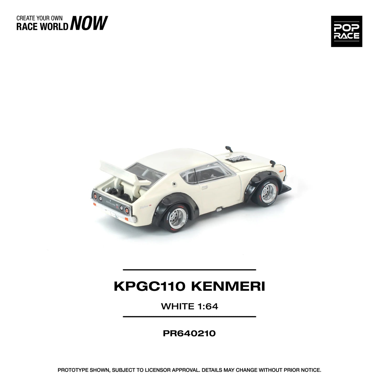 POPRACE Nissan Skyline KPGC110 Kenmeri White 1:64 Scale Diecast Model (Pre-Order)