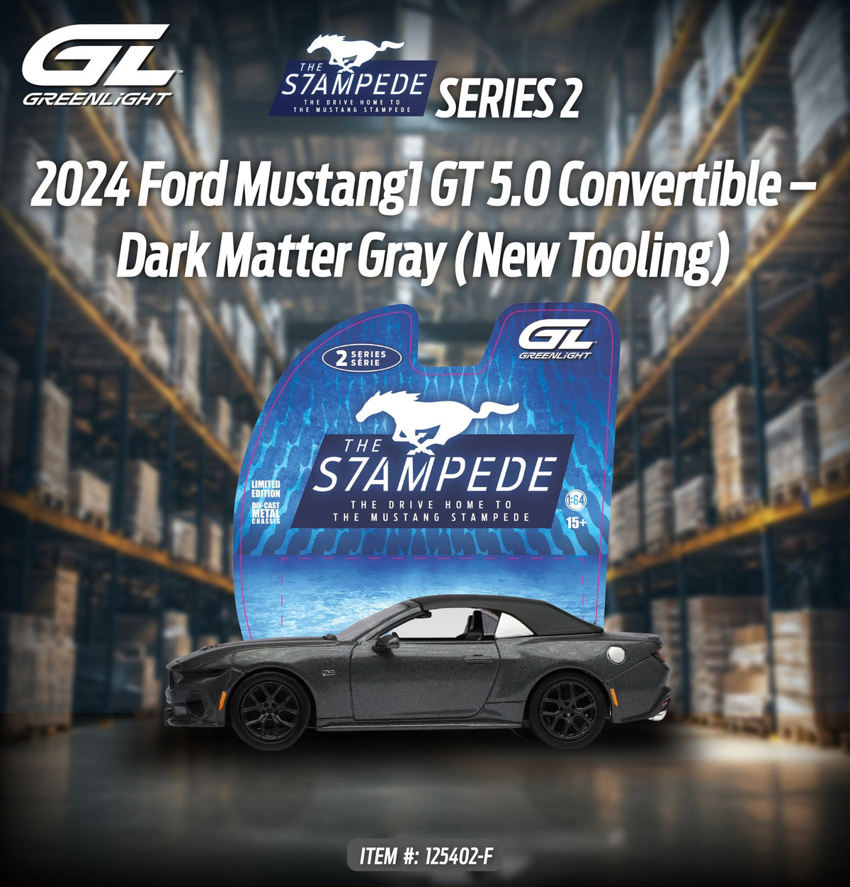 The Mustang Stampede Series 2 - 2024 Ford Mustang1 GT 5.0 Convertible, 1:64 Scale (Dark Matter Gray) by GreenLight - 1:64 scale, view 1