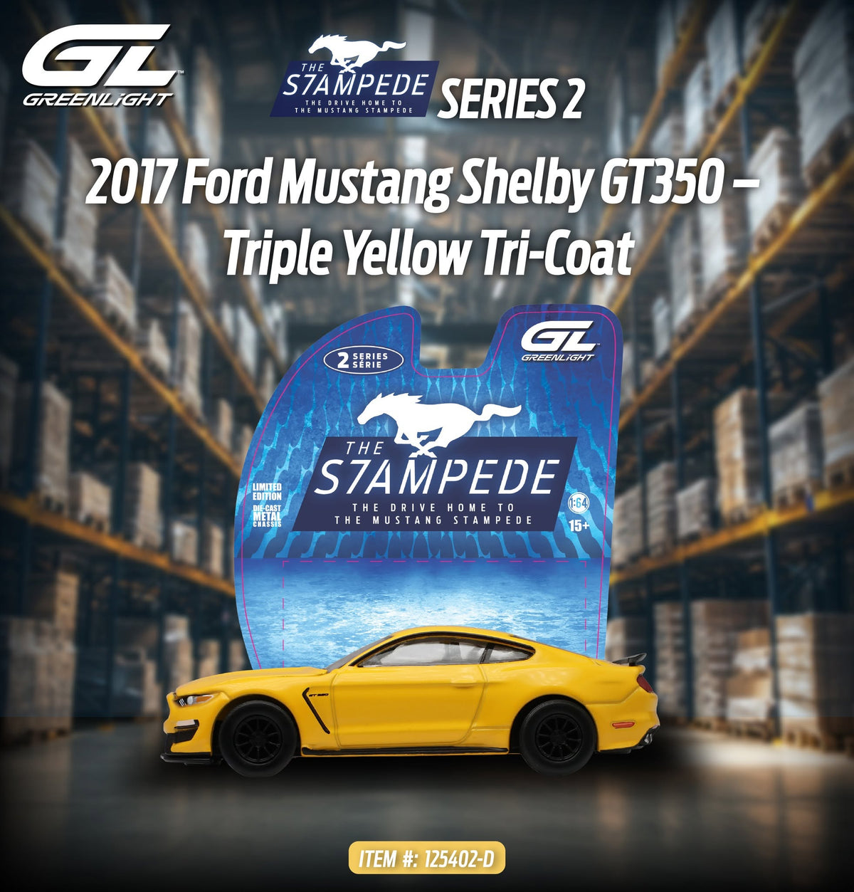 The Mustang Stampede Series 2 - 2017 Ford Mustang Shelby GT350 - Triple Yellow Tri-Coat, 1:64 Scale by GreenLight - 1:64 scale, view 1