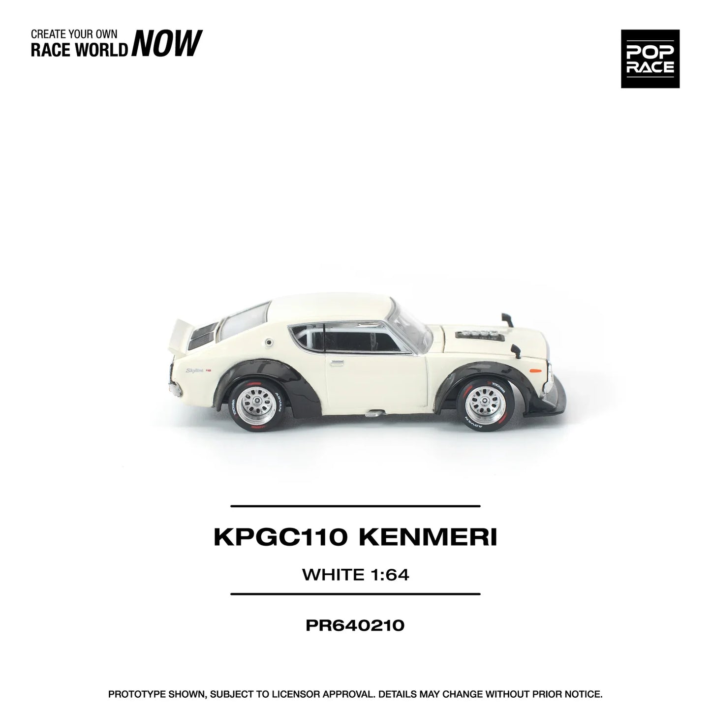POPRACE Nissan Skyline KPGC110 Kenmeri White 1:64 Scale Diecast Model (Pre-Order)