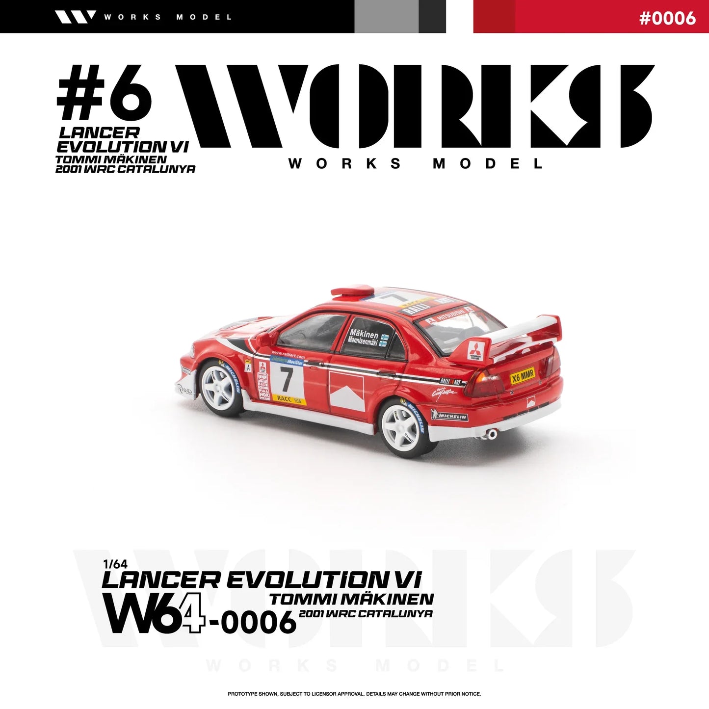 PRE-ORDER Works Model Mitsubishi Lancer Evolution VI Tommi Makinen 2001 WRC Catalunya, 1:64 Scale
