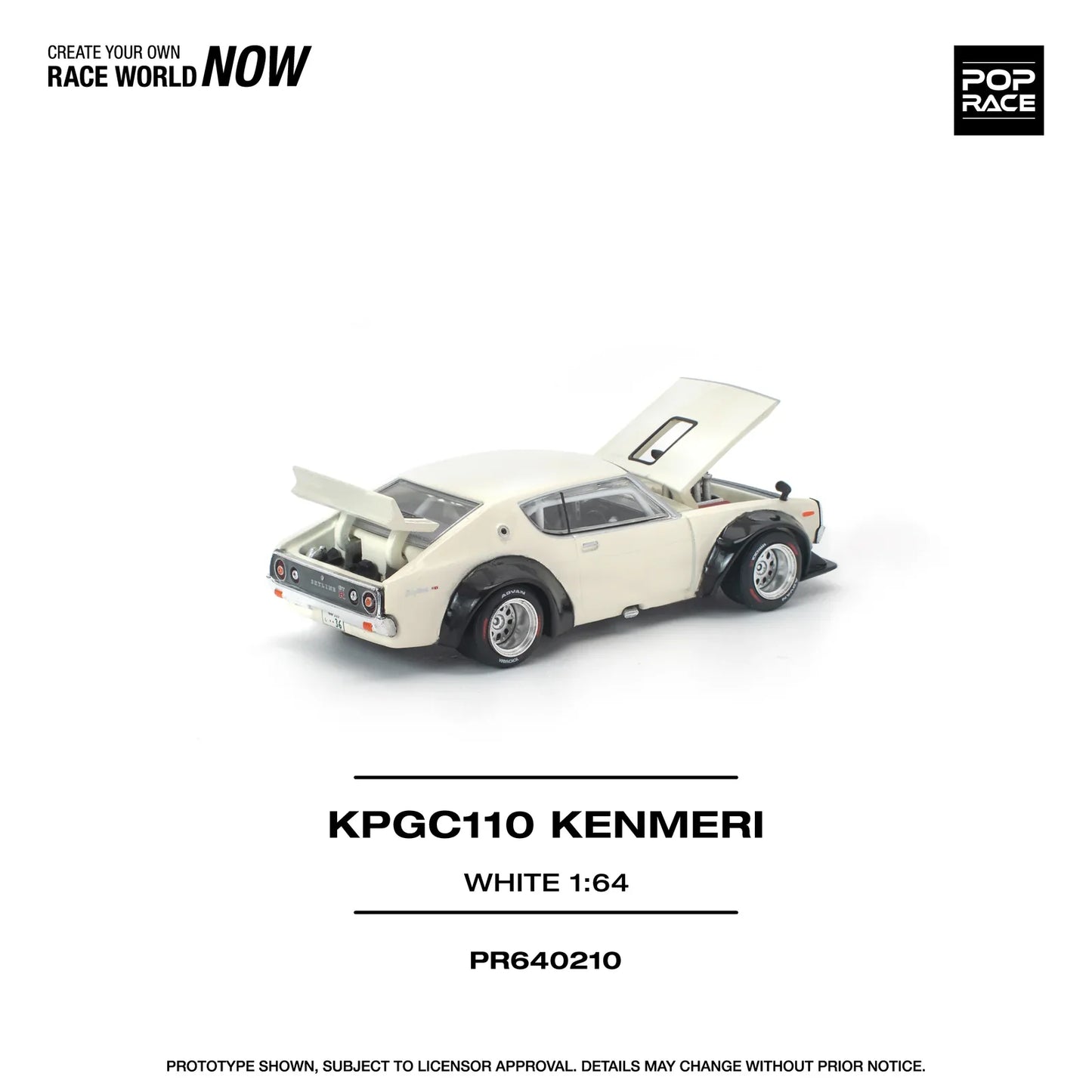 POPRACE Nissan Skyline KPGC110 Kenmeri White 1:64 Scale Diecast Model (Pre-Order)