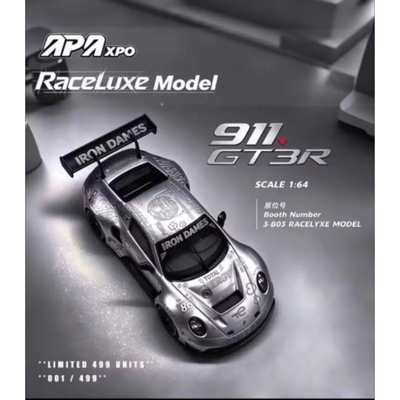 Porsche 911 GT3 R Silver Chrome Iron Dames Resin by RACELUXE MODEL – 1:64 scale, view 1