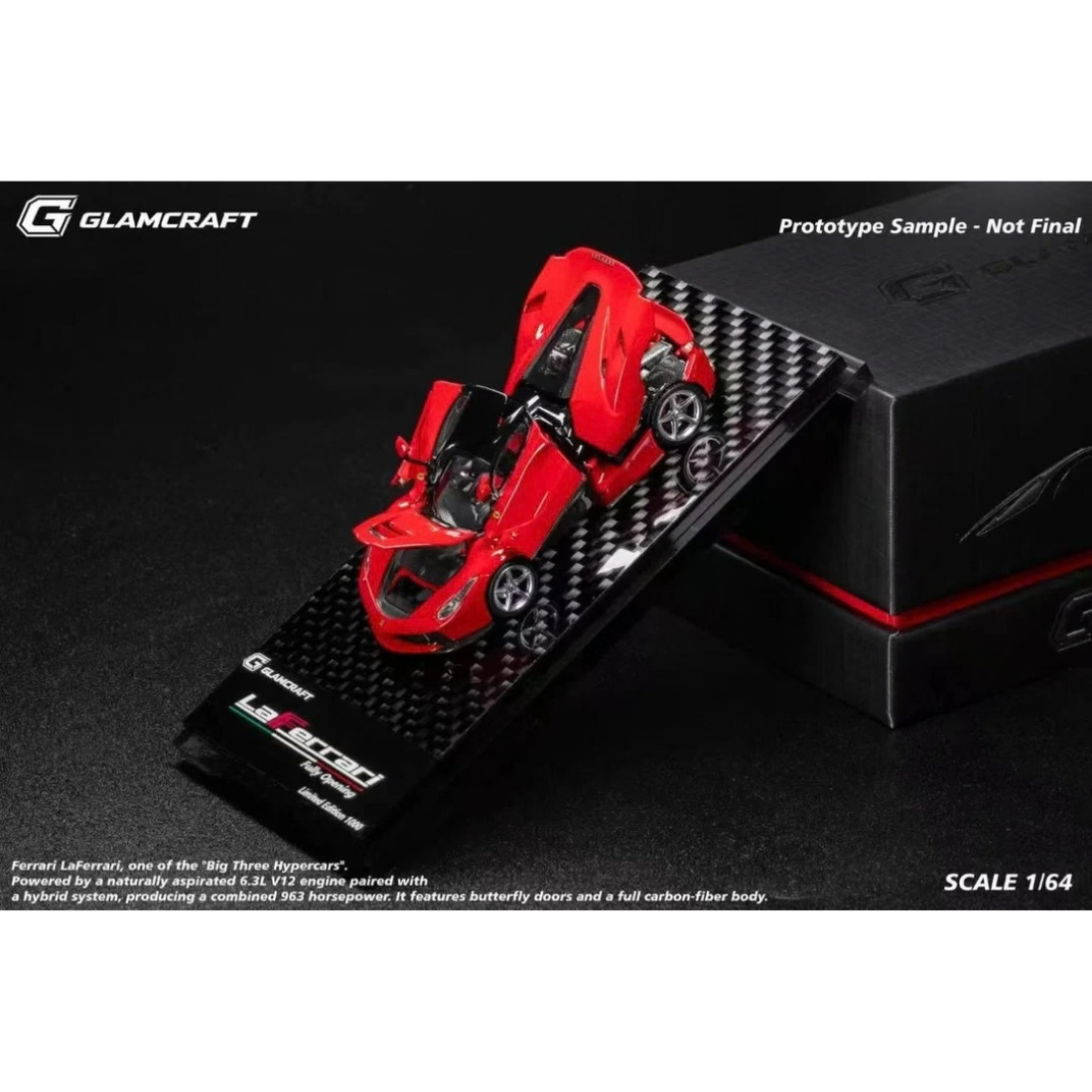 LaFerrari (F150) Fully Open Diecast Model Rosso Corsa Coupe (Limited To 999pcs), 1:64 Scale by GLAMCRAFT - 1:64 scale, view 2