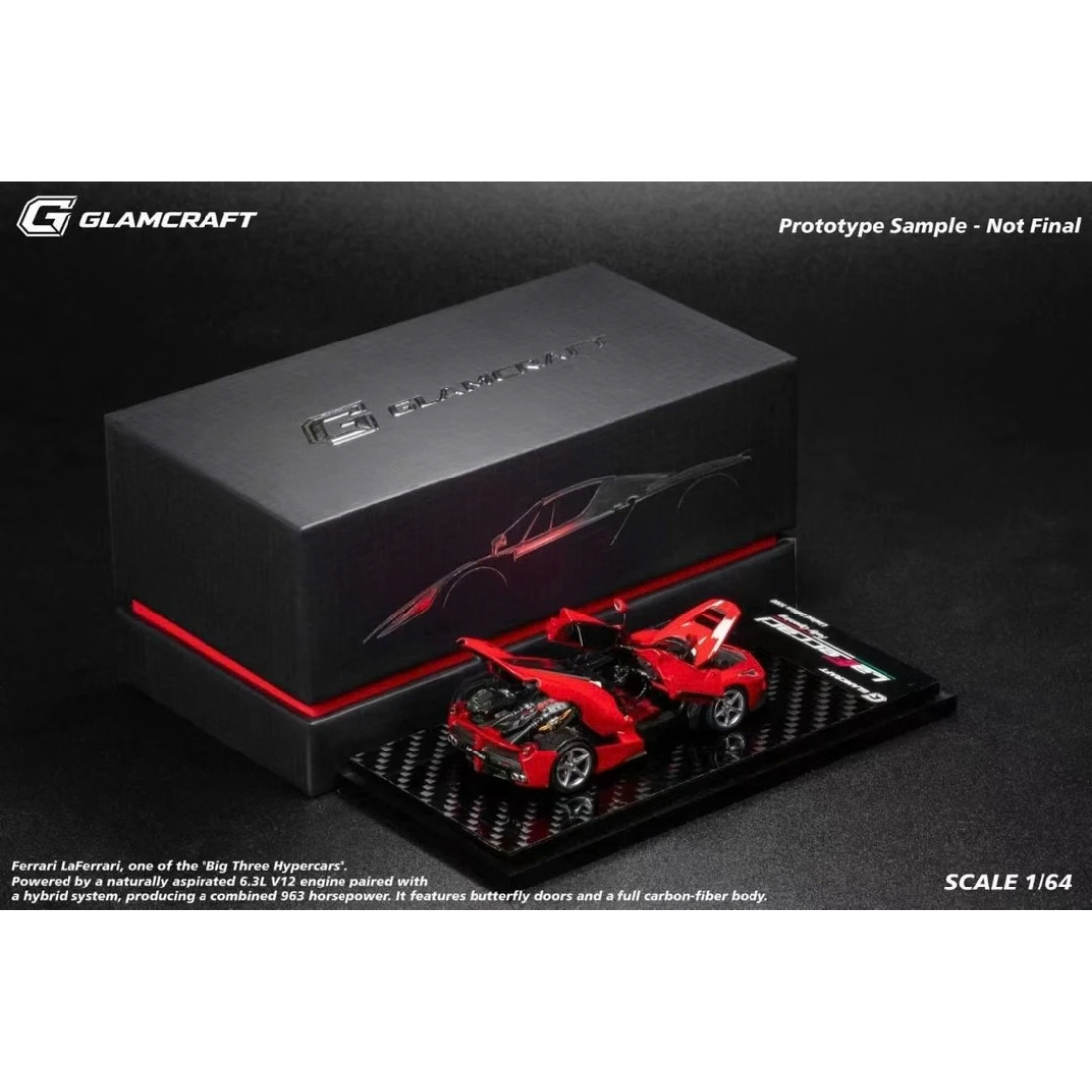 LaFerrari (F150) Fully Open Diecast Model Rosso Corsa Coupe (Limited To 999pcs), 1:64 Scale by GLAMCRAFT - 1:64 scale, view 4