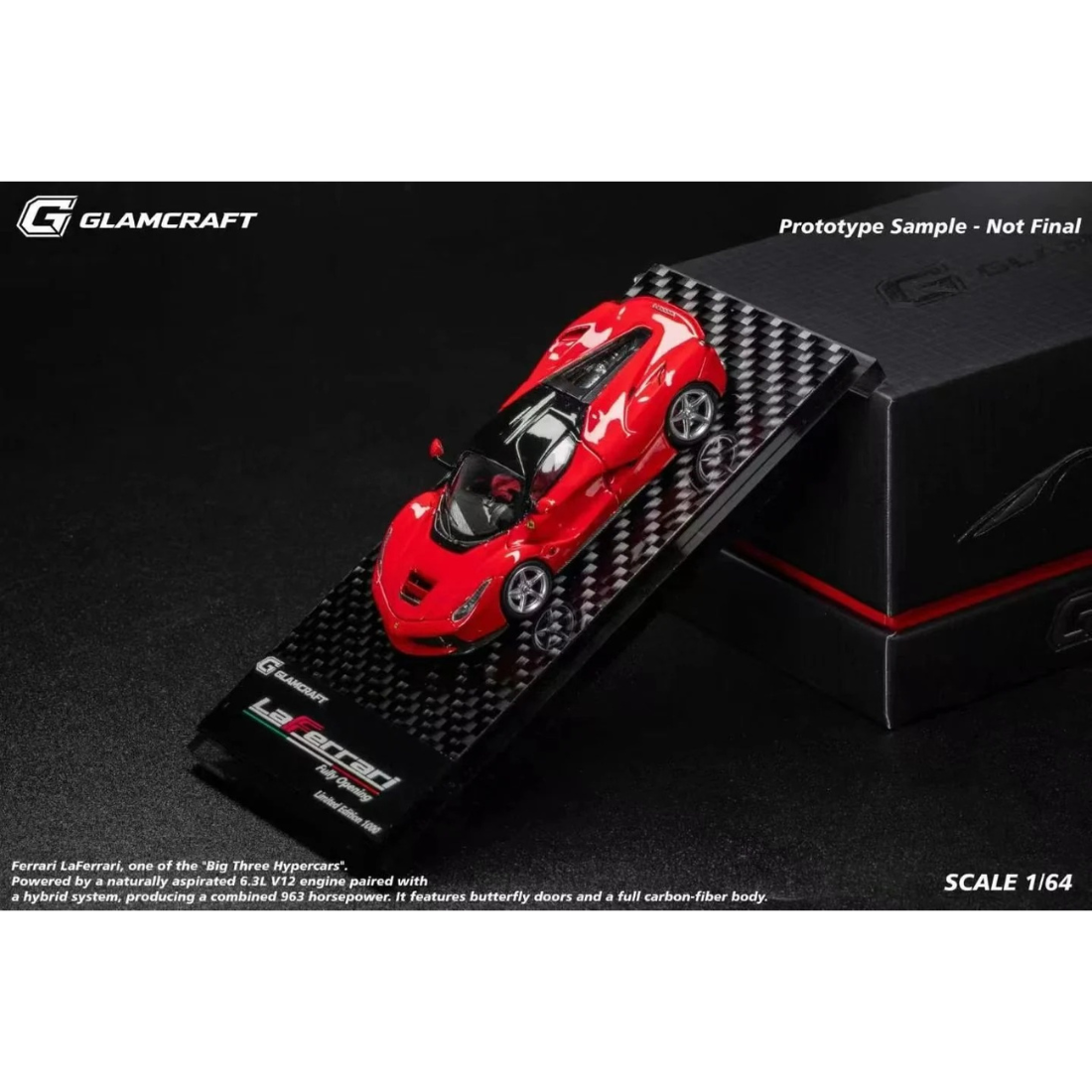 LaFerrari (F150) Fully Open Diecast Model Rosso Corsa Coupe (Limited To 999pcs), 1:64 Scale by GLAMCRAFT - 1:64 scale, view 1