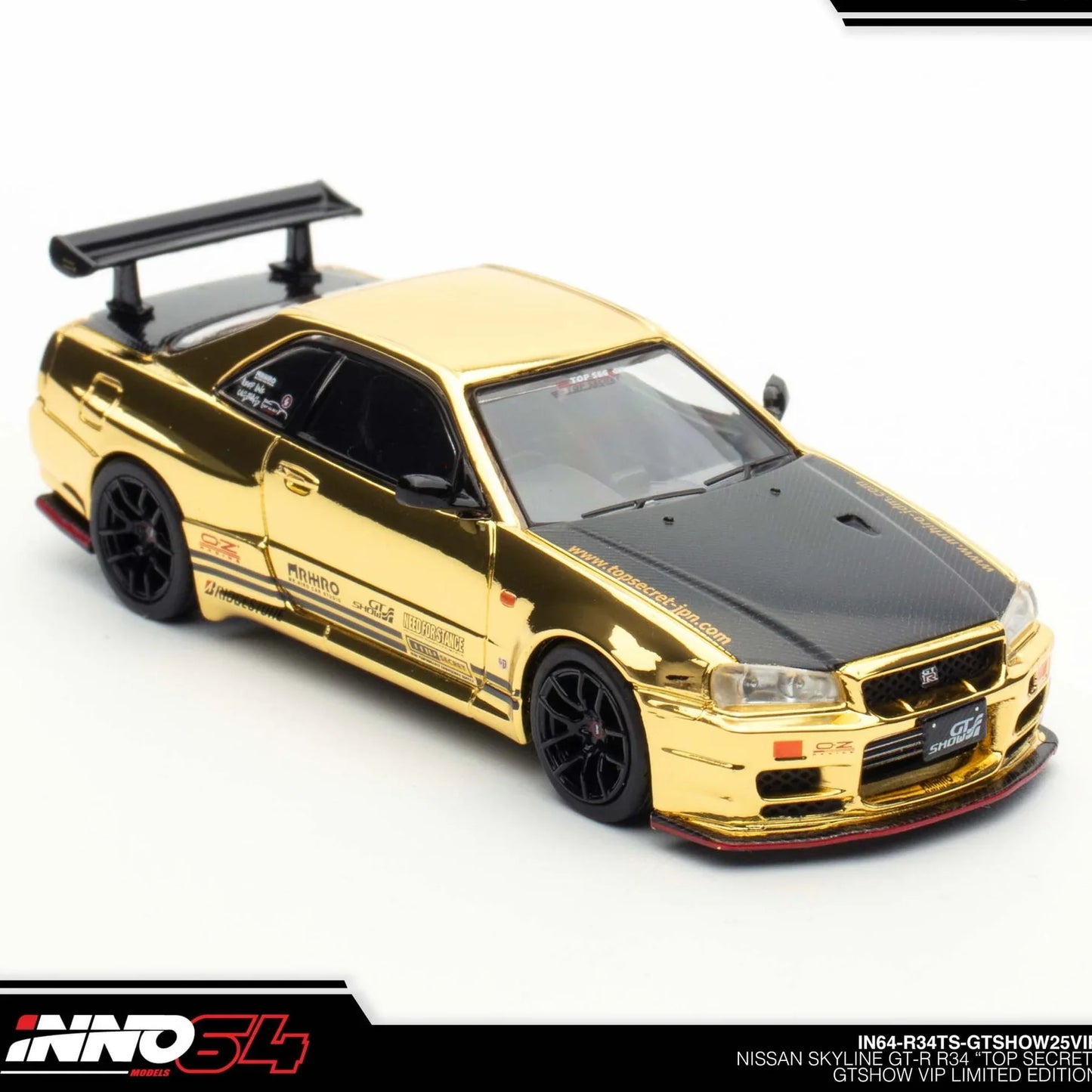 INNO64 Nissan Skyline GT-R R34 Top Secret GTSHOW 2025 VIP Event Edition 1:64 Scale Diecast Model (Gold)