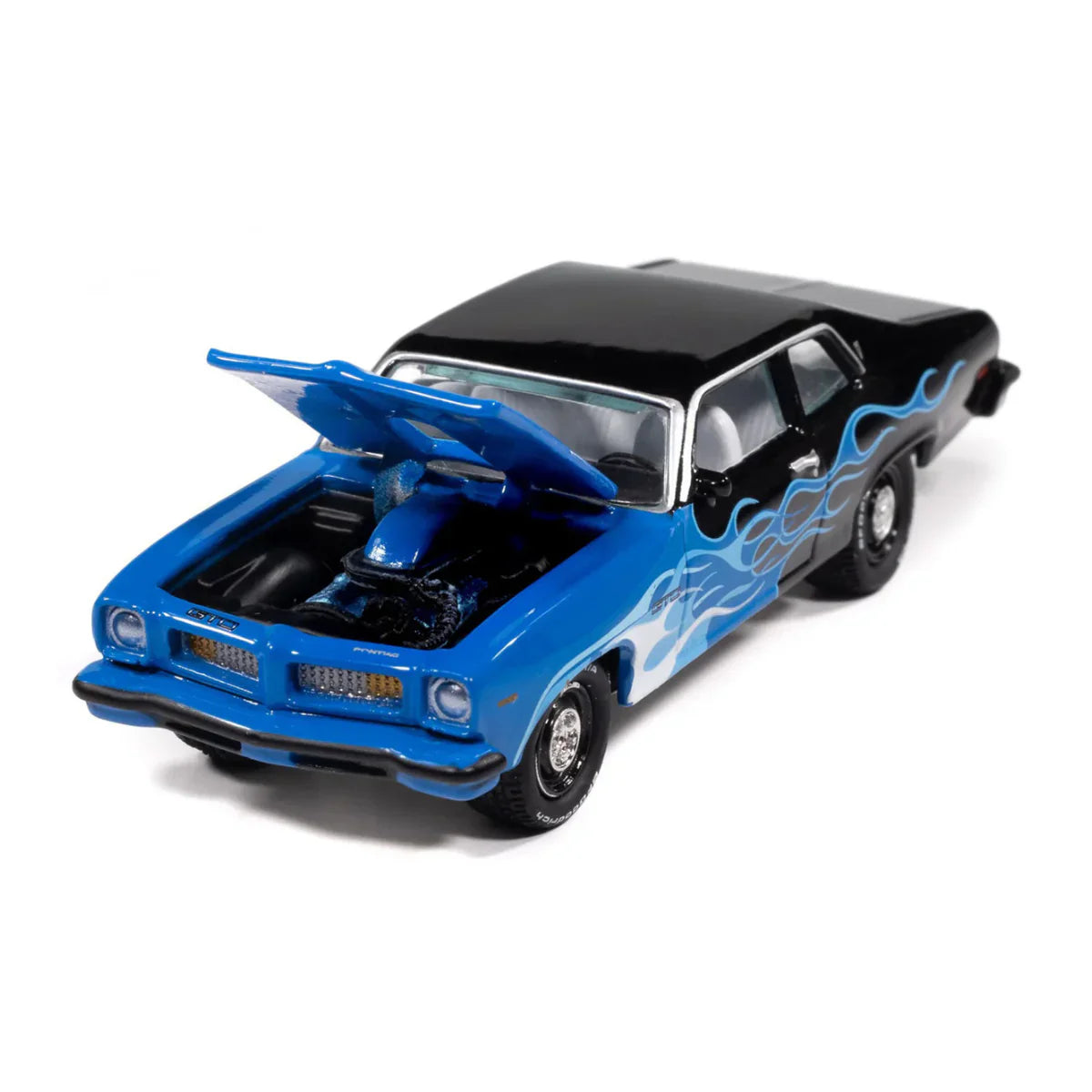 Johnny Lightning Street Freaks 1974 Pontiac GTO Black with Blue Flames 1:64 Scale Diecast Model