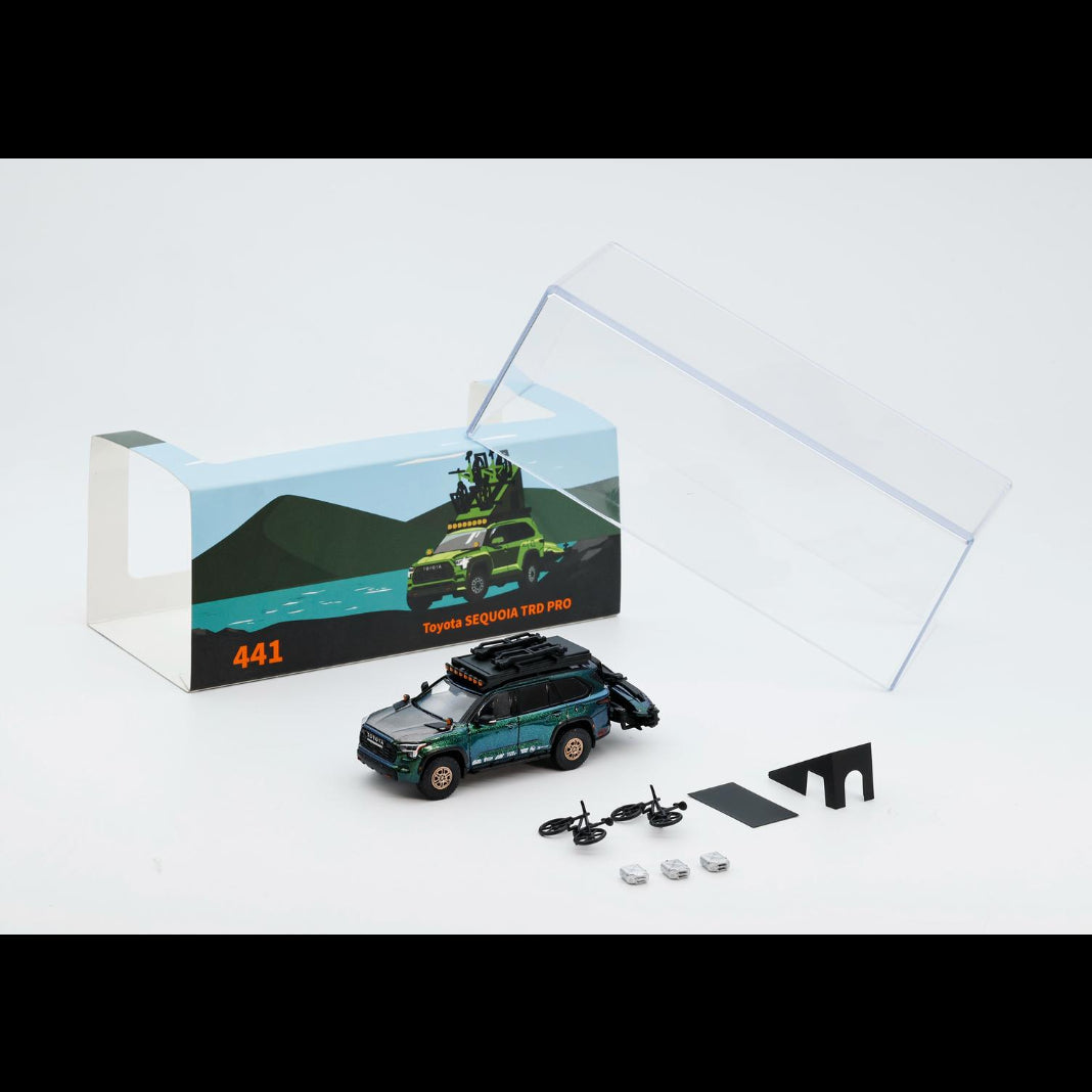 *PRE-ORDER* Toyota Sequoia TRD Pro with Boat, Bicycle & Other Accessories Included Magic Green, 1:64 Scale (Chameleon Green)