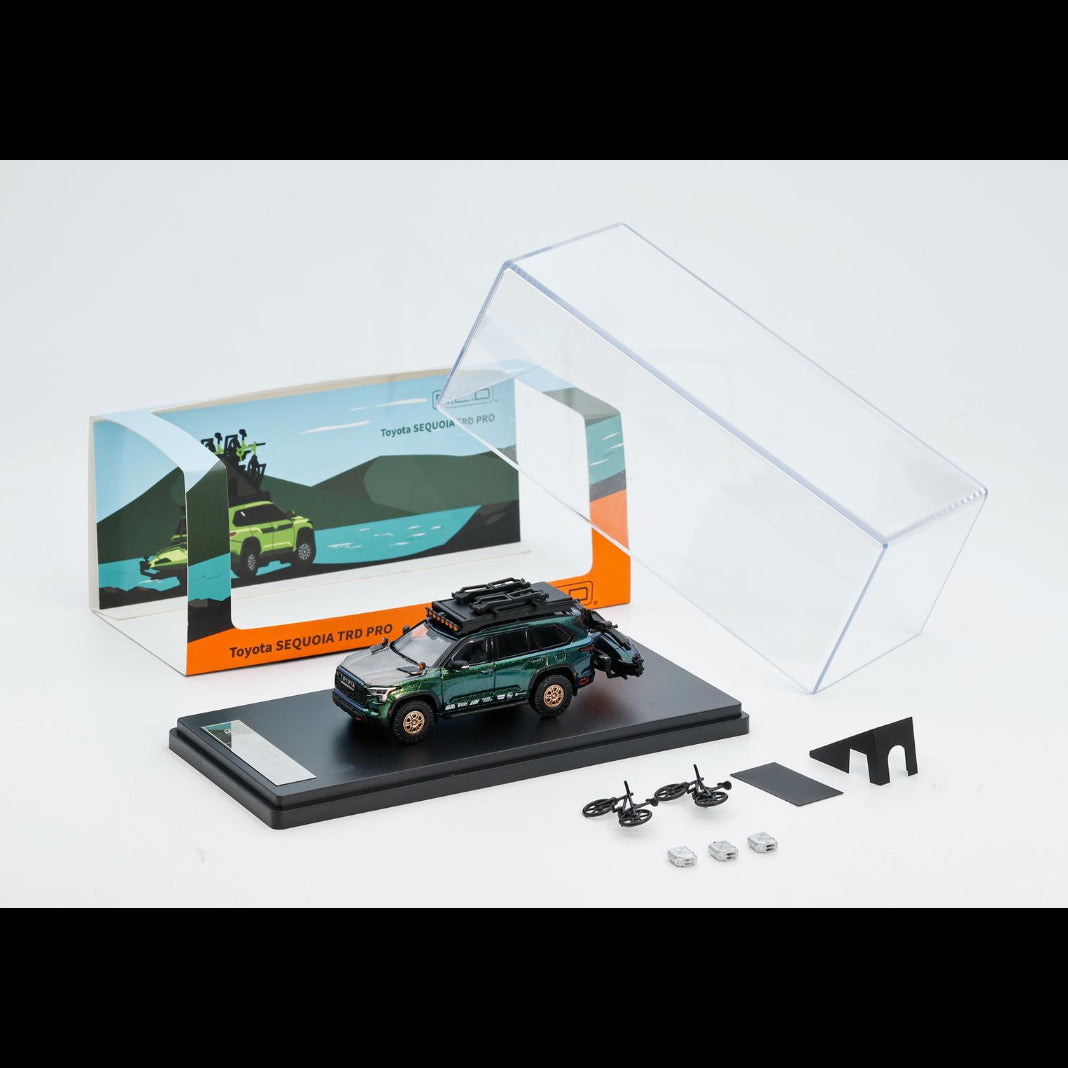 *PRE-ORDER* Toyota Sequoia TRD Pro with Boat, Bicycle & Other Accessories Included Magic Green, 1:64 Scale (Chameleon Green)
