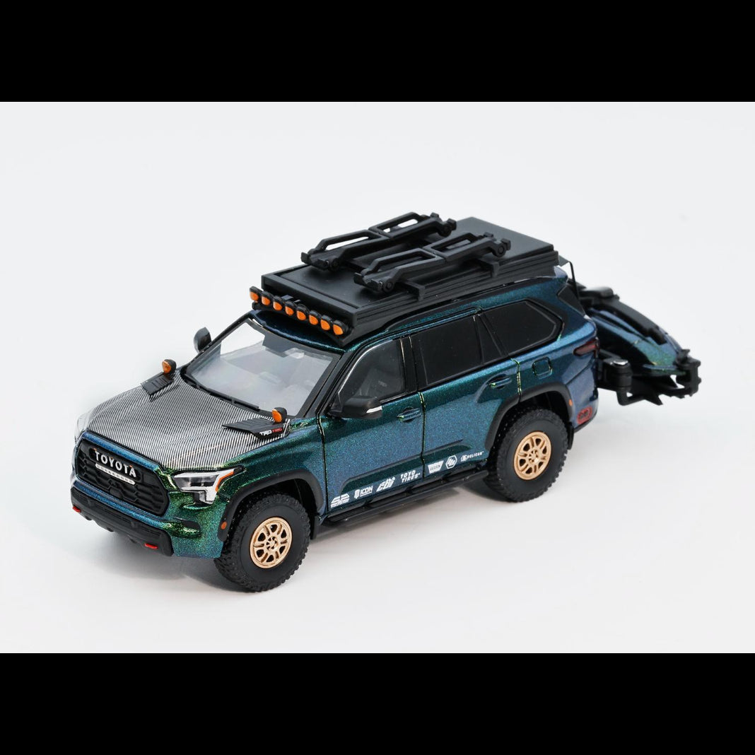*PRE-ORDER* Toyota Sequoia TRD Pro with Boat, Bicycle & Other Accessories Included Magic Green, 1:64 Scale (Chameleon Green)