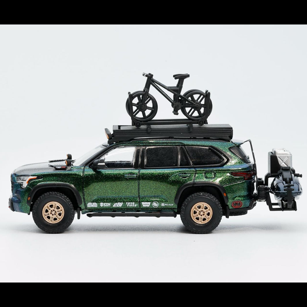 *PRE-ORDER* Toyota Sequoia TRD Pro with Boat, Bicycle & Other Accessories Included Magic Green, 1:64 Scale (Chameleon Green)