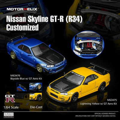 PRE-ORDER MOTOR HELIX Nissan Skyline GT-R R34 Customized GT Aero Kit Lightning Yellow 1:64 Scale Diecast Model