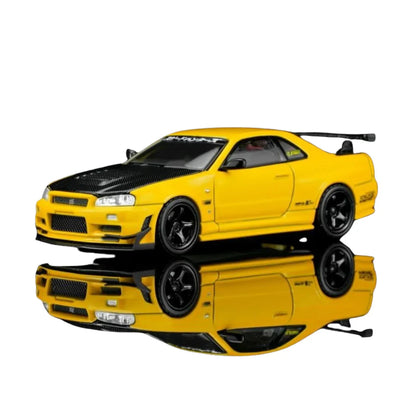 PRE-ORDER MOTOR HELIX Nissan Skyline GT-R R34 Customized GT Aero Kit Lightning Yellow 1:64 Scale Diecast Model