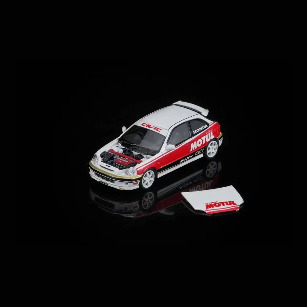 PRE-ORDER MOTOR HELIX Honda Civic TYPE R (EK9) Customized Motul Livery Magnetic Engine Hood-Removable, 1:64 Scale (White)
