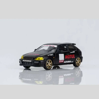 PRE-ORDER MOTOR HELIX Honda Civic TYPE R (EK9) No Good Racing Motul Magnetic Engine Hood-Removable (Matt Black with Yellow Head Lights), 1:64 Scale