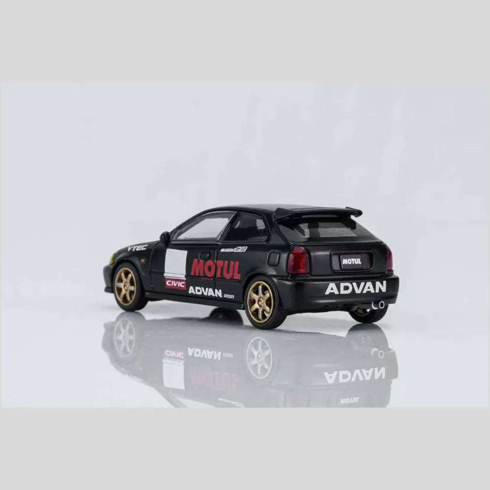 PRE-ORDER MOTOR HELIX Honda Civic TYPE R (EK9) No Good Racing Motul Magnetic Engine Hood-Removable (Matt Black with Yellow Head Lights), 1:64 Scale