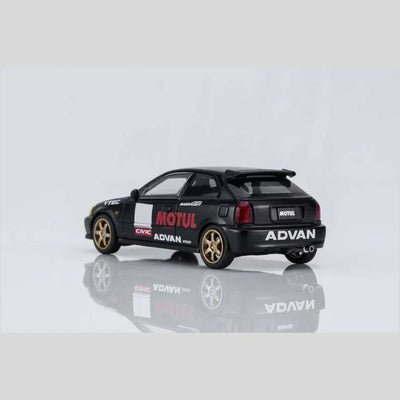 PRE-ORDER MOTOR HELIX Honda Civic TYPE R (EK9) No Good Racing Motul Magnetic Engine Hood-Removable (Matt Black with Yellow Head Lights), 1:64 Scale