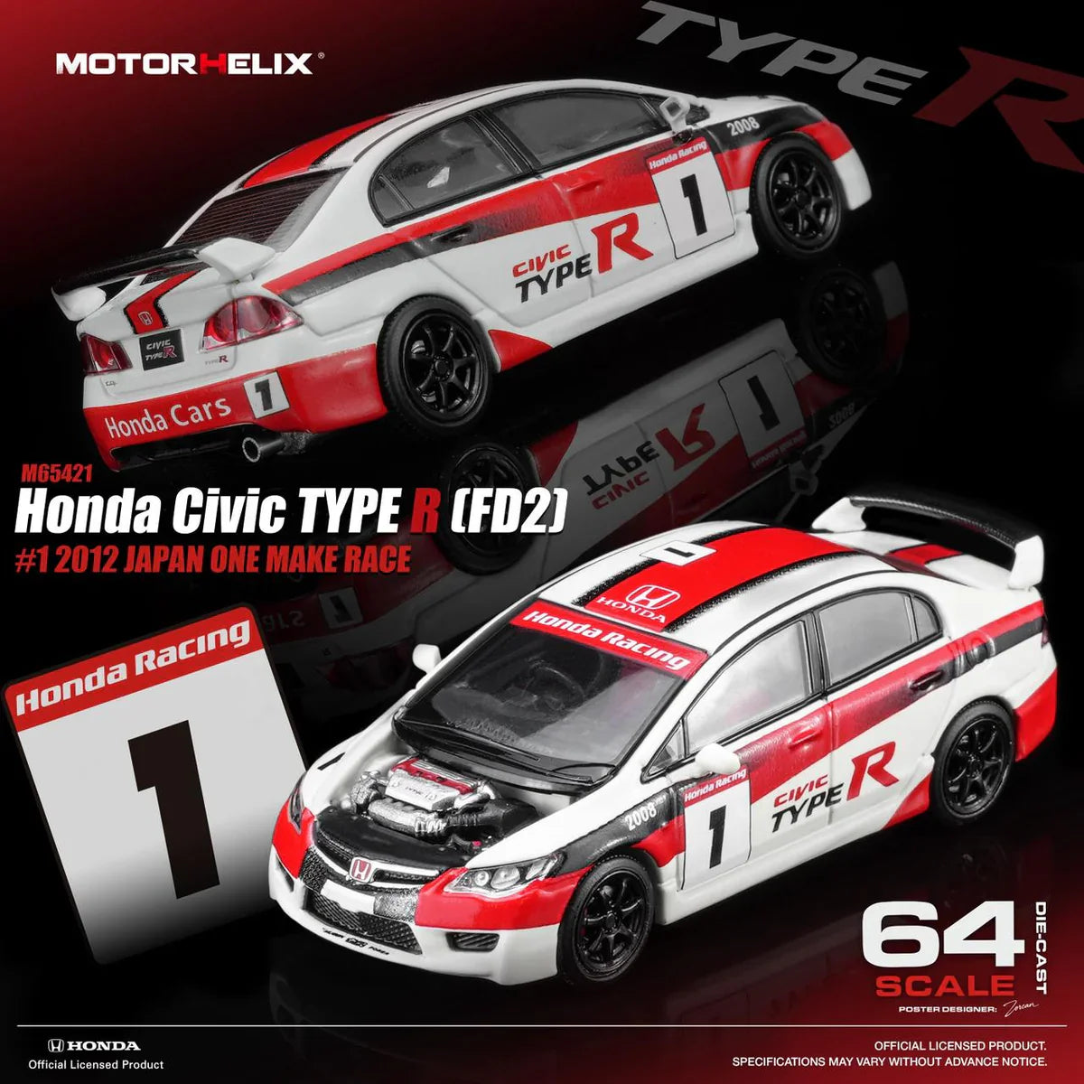 PRE-ORDER MOTOR HELIX Honda Civic TYPE R (FD2) #1 2012 Japan One Make Race (Magnetic Engine Hood - Removable), 1:64 Scale