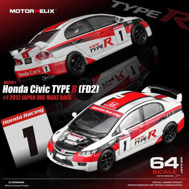 PRE-ORDER MOTOR HELIX Honda Civic TYPE R (FD2) #1 2012 Japan One Make Race (Magnetic Engine Hood - Removable), 1:64 Scale