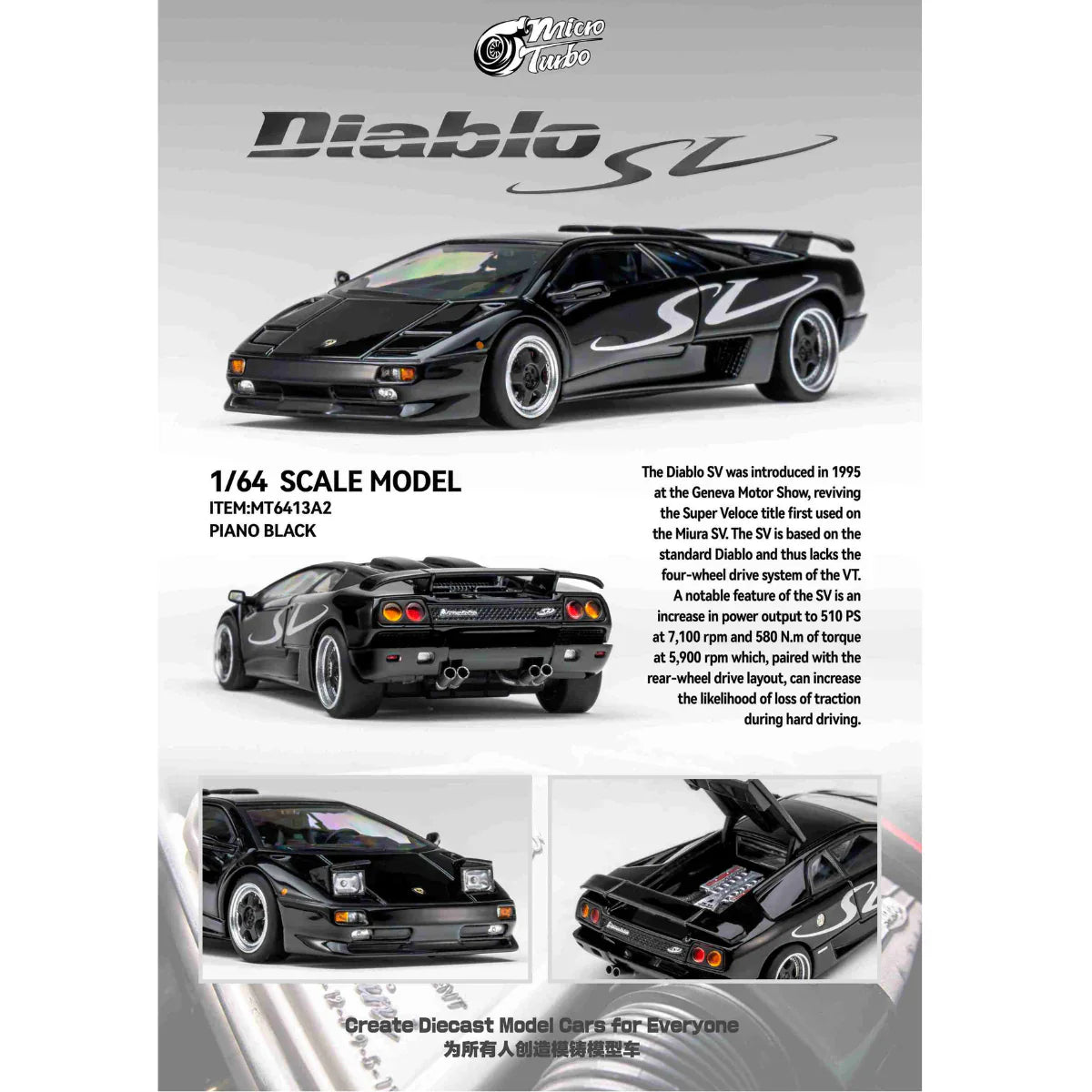 PRE-ORDER Works Model Custom Lamborghini Diablo SV, 1:64 Scale (Metallic Black)