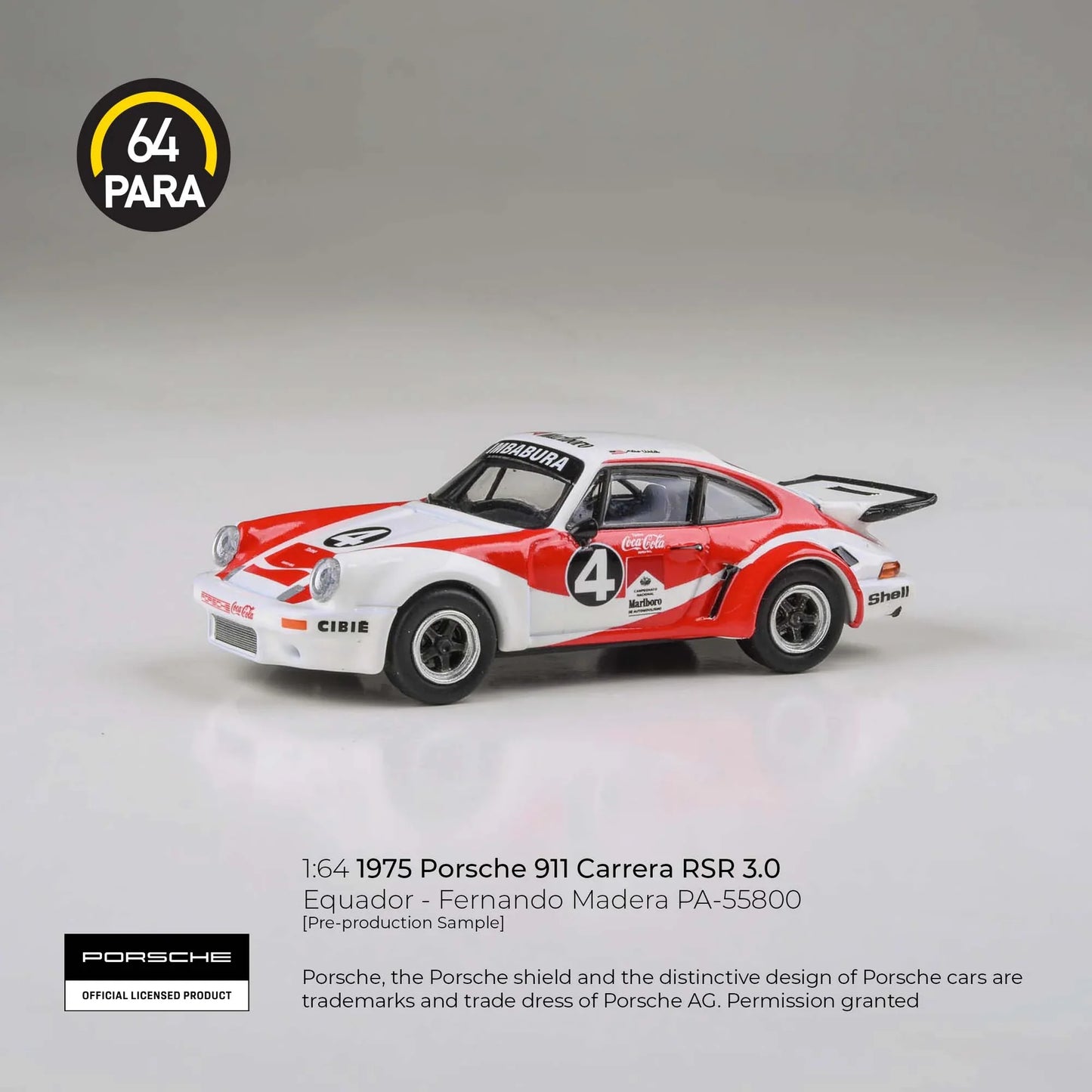 PARA64 Porsche 911 Carrera RSR 3.0 Equador Fernando Madera 1976 1:64 Scale Diecast Model (White & Red) – Pre-Order