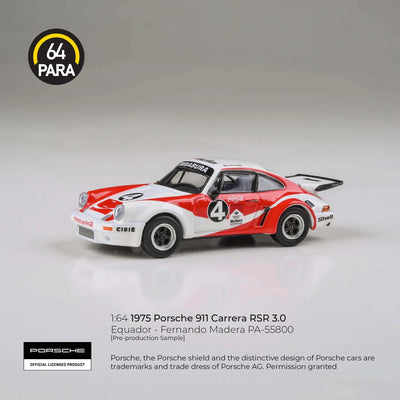PARA64 Porsche 911 Carrera RSR 3.0 Equador Fernando Madera 1976 1:64 Scale Diecast Model (White & Red) – Pre-Order