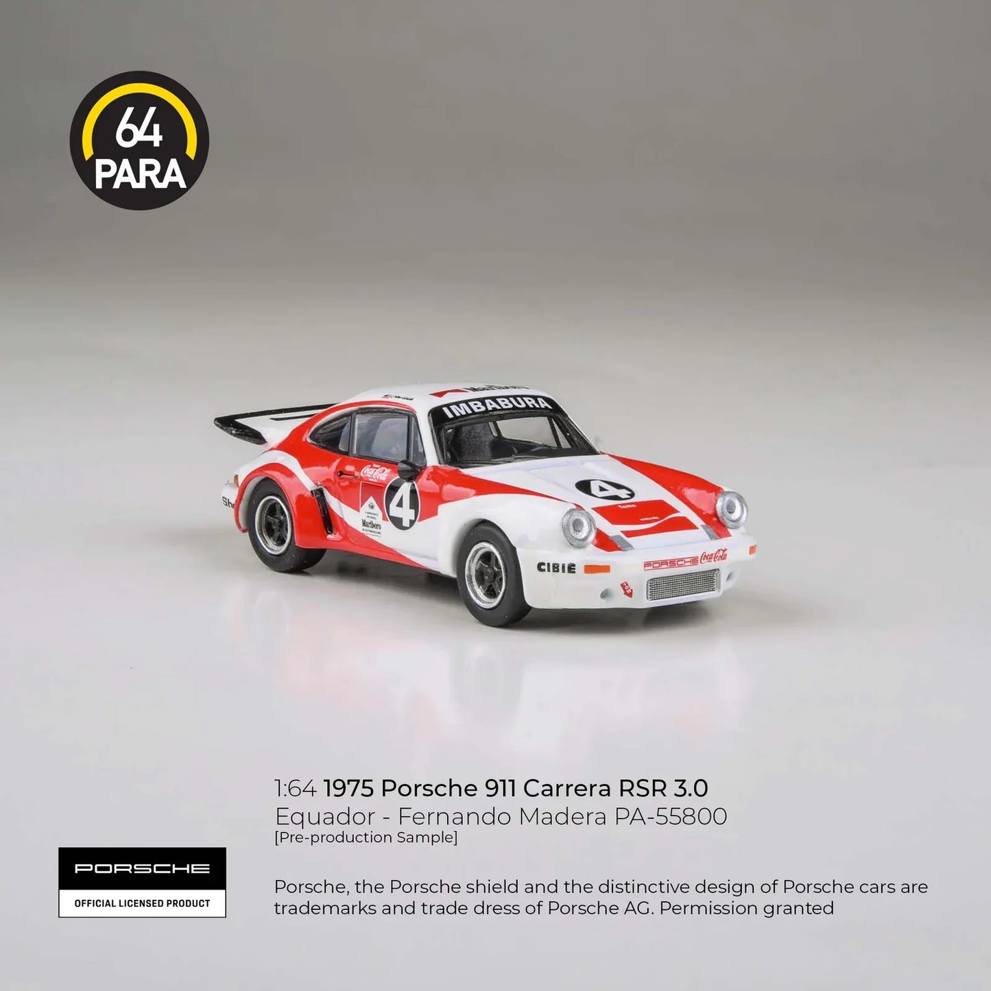 PARA64 Porsche 911 Carrera RSR 3.0 Equador Fernando Madera 1976 1:64 Scale Diecast Model (White & Red) – Pre-Order