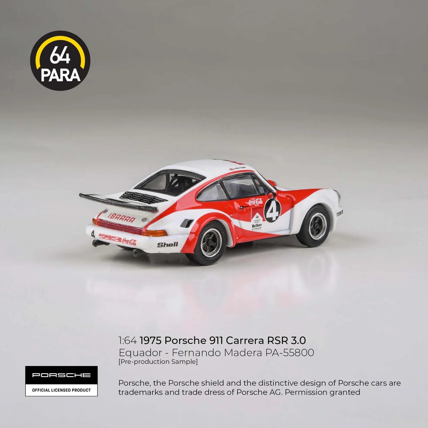 PARA64 Porsche 911 Carrera RSR 3.0 Equador Fernando Madera 1976 1:64 Scale Diecast Model (White & Red) – Pre-Order