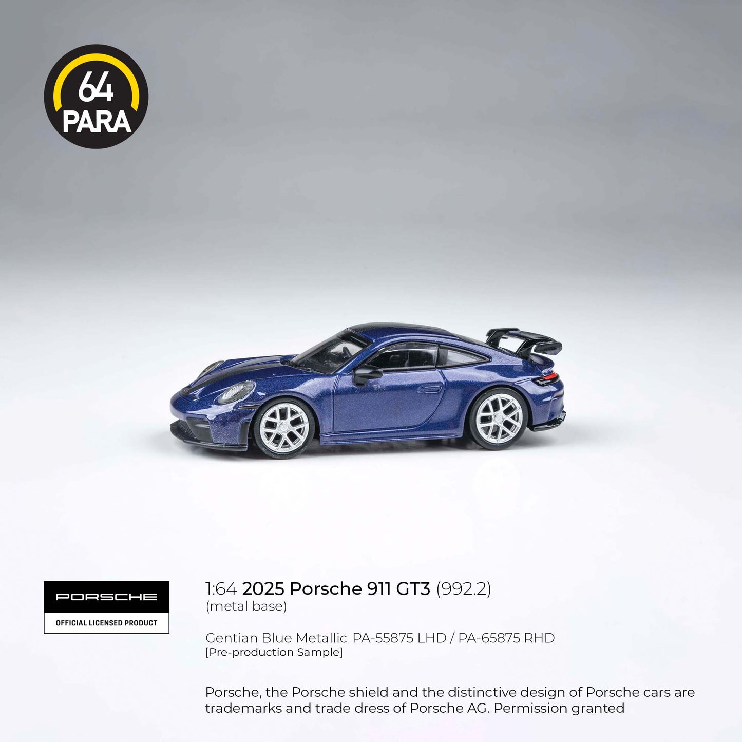 Porsche 911 GT3 (992.2) 2025 Gentian Blue Metallic 1:64 Scale Diecast Collectible