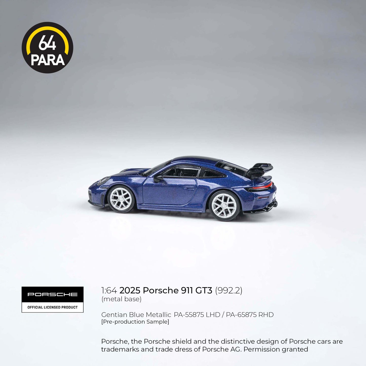 Porsche 911 GT3 (992.2) 2025 Gentian Blue Metallic 1:64 Scale Diecast Collectible