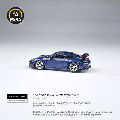 Porsche 911 GT3 (992.2) 2025 Gentian Blue Metallic 1:64 Scale Diecast Collectible